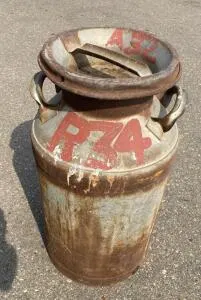 Antique Galvanized Steel 10-Gallon Milk Can with Side Handles and Painted Markings