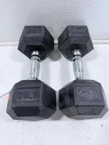Pair of 25 LB Rubber Hex Dumbbells, Knurled Chrome Handle, Solid Cast Iron Core, Ergonomic Grip