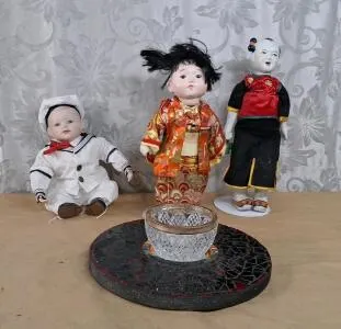 (3) Vintage Porcelain Dolls, (1) 10" Sailor Boy, (1) 14" Japanese Doll, Ceramic Head, Arms & Legs, Stuffed Cloth Body (1) 15" Chinese Doll, Ceramic Head, Arms & Legs, Stuffed Cloth Body, (1) Cut Glass Crystal Bowl W/ Silver Rim, Starburst Pattern, 5.9" Diameter & (1) 12" Round Decorative Mirror