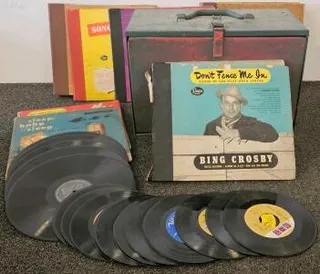Vintage 1940s-1950s Vinyl Record Collection – 78 & 45 RPM, Bing Crosby Albums, Metal Case