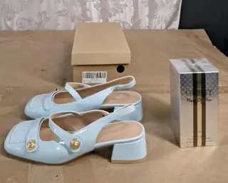 (1) Pair Of Square-Toe Slingback Pumps, Gloss Blue, Size-7 & (1) 3.4-Fl Oz Bottle Of Guest Man of Men Eau de Toilette By Fragrance Couture