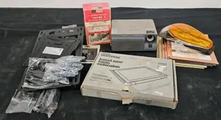 Mitsubishi SD105U DLP Projector 1500 Lumens SVGA 800x600, 2000:1 Contrast, Inputs: VGA/AV (Could Not Test), TV Wall Mount w/ Hardware, Craftsman Bandsaw Extension, 7" Molding and Dado Guard, Bike Light, Aged Brass Finish Light Switch Cover, Set of 5 Picture frames all 8"x10"
