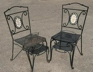 Wrought Iron Patio Chairs with Mosaic Tile Inlay – Black Lattice Seat, Pair, Outdoor Garden