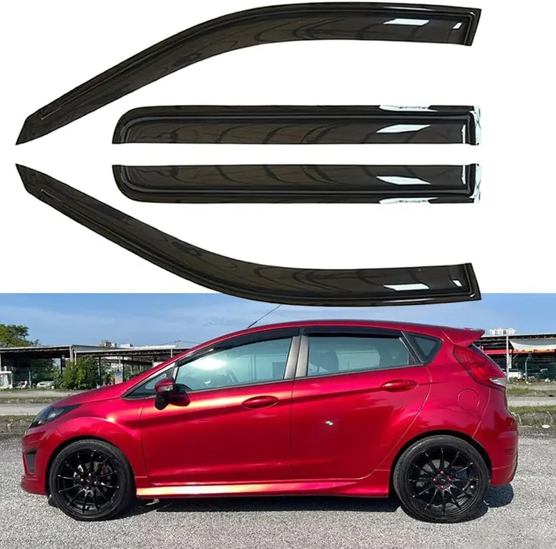 4pcs Out-Channel Window Deflectors for Ford Fiesta Hatchback 09-19 94547 | Outside Mount Adhesive Guards No-Drill Install Reduce Wind Noise Tape-On Acrylic Dark Smoke Rain Guard Shades Sunproof Visors