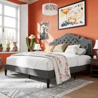 Full Size Bed Frame with Adjustable Headboard/Velvet Upholstered/Diamond Button Tufted and Metal Studs