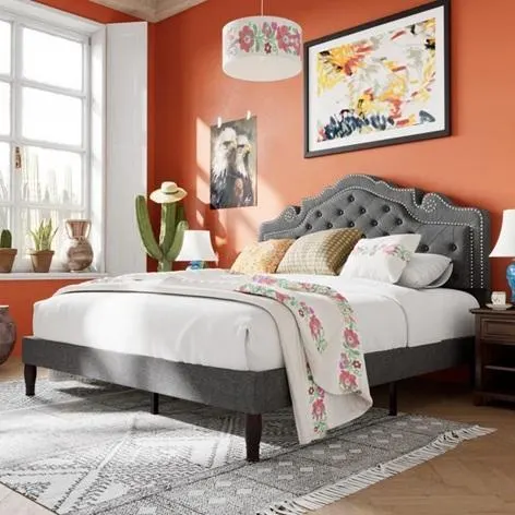Full Size Bed Frame with Adjustable Headboard/Velvet Upholstered/Diamond Button Tufted and Metal Studs