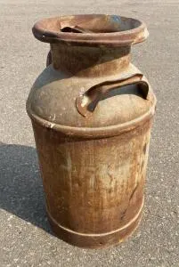 Vintage 10 Gallon Metal Milk Can with Lid, Heavy Handles, 24” Tall, Rustic Patina