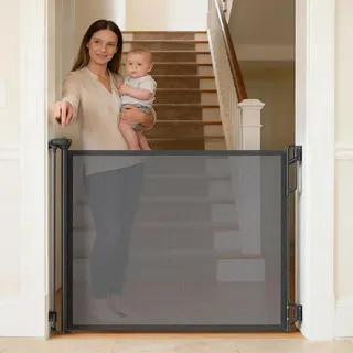 SPACEANY Retractable Safety Baby Gate or Mesh Dog Gate,Durable Portable Mesh Retractable Gate,Easy to Use for Stairs, Doorways, Hallways, Indoor, Outdoor, 33.5" Tall, Up to 45" Wide, Black
