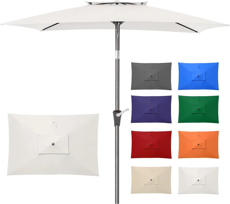 6.6 x 10 ft Rectangular Patio Umbrella, Outdoor Market Table Umbrella with Push Button Tilt and Crank, Double-Tier Vent, 6 Ribs, Rectangle Patio Umbrella for Backyard, Deck, Pool, Fits 4–6 Chairs and Tables (White)