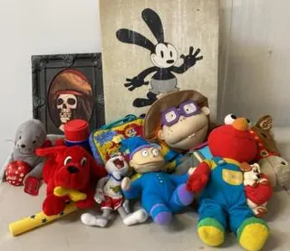 Rugrats, Elmo, Space Jam, Coca-Cola, Clifford Plush Lot w/ Lunchbox & Oswald Art Vintage Set