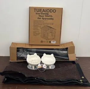 Tueaiodo DIY Cat House Assembly Set with Ceramic Slow Feed Cat Bowls, Cat/Dog Flea And Tick Collar, Raised Dog Bed And Sun Shade.