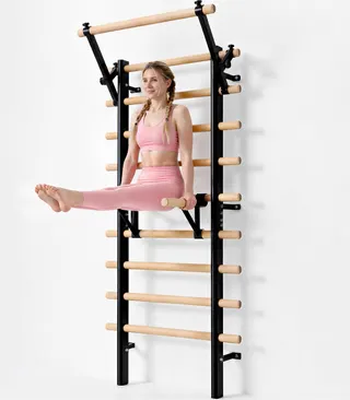 GMWD Swedish Ladder, Stall Bar, Suspension Trainer with Pull-Up Bar and Dip Bar Attachments, Wooden Stall Bar with 9 Strategic Rods for Core Strengthening and Stretching Balanced for Body Exercises