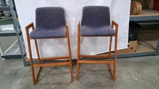 Pair of Mid-Century Modern Wooden Bar Stools with Armrests, Upholstered Seats, 29.5" Height