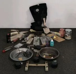 Mixed Lot of 13 Masonry, Drywall, and Plastering Hand Tools—Trowels, Floats, Putty Knives, Kobalt, DonJoy MaxTrax Air Walker Boot, Medium, Model 13-6400-3-06000, Universal Fit (shelf F)