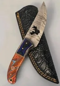 Custom Damascus Steel Hunting Knife, Moose Cutout, Mosaic Handle, Leather Sheath, 8.5" Overall