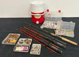 Fishing Rod and Tackle Lot: HCSTORC462ML 4'6" Rods, PGS60ML 5' Rod, Fly Reel, Flies, Tackle Boxes