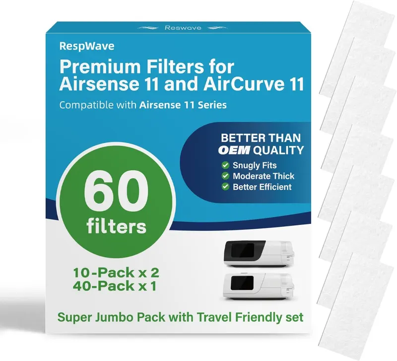 60-Pack Premium CPAP Filters Compatible with Airsense 11 & Aircurve 11 Machines, Ultra Fine Replacement with Extra Thick, High Filtration & Smooth Airflow, Travel Friendly