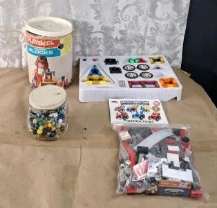 (1) Vintage Playskool Colored Block Set, (1) Jar Of Vintage Marbles, (1) MagCreator Building Set & (1) Bag Of Legos