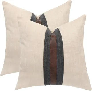 Set of 2 Leather Throw Pillow Covers Cotton Linen Decor Patchwork Pillow Cover Faux Leather Pillows Cover for Couch Sofa Living Room Bedroom,Beige 24"x24"