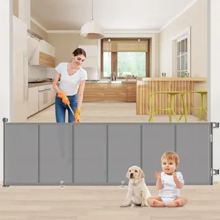 EZIGO 120 Inch Retractable Baby Gates Extra Wide Reinforced Baby Dog Gate | 34 Inch Tall Retractable Dog Gate with Reinforced Strip Mesh Safety Pet Gate for Stairs Hallway Doorway Indoor Outdoor, Gray