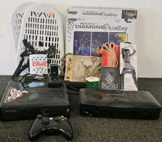 Microsoft Xbox 360 Black Console (tested, works) with Wireless Controller, Power Cable, Charger Dock, Stickers. Immersion blender (tested, works). Diamond art. Exercise bands, show shoes and more