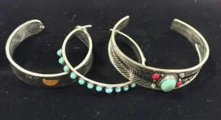 Sterling Silver Turquoise & Coral Native American Cuff Bracelets, Vintage Southwestern Trio