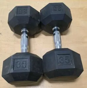 Ignite by SPRI 35 lb Hex Rubber Dumbbells Pair, Chrome Handles, Ergonomic Knurled Grip