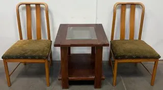 Vintage Wood Dining Chairs Pair & Square End Table with Glass Insert, Olive Pattern Fabric Seats