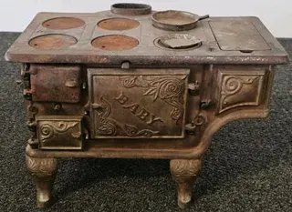 Antique "BABY" Cast Iron Toy Stove with Accessories, Circa 1880-1920, 13" x 13" x 15.5"