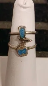 Set of 2 Gold-Tone Rings – Cowboy Boot & Apple Blue Enamel Motif, Stackable Fashion Jewelry