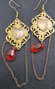 Vintage Filigree Heart Dangle Earrings, Gold-Tone with Red Crystal Accent and Chain Drop