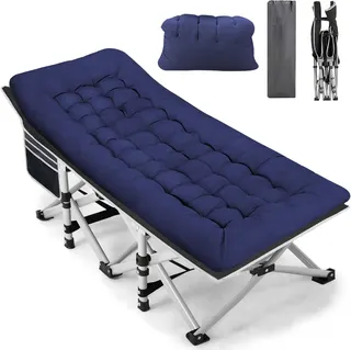 Fragess Portable Camping Cot, Sleeping Cot for Adult, 28" Extra Wide Heavy Duty Folding Cot Max Load 600LBS with Thick Mattress, Portable Camping Bed for Camp Outdoor/Office, Home Nap (Blue)