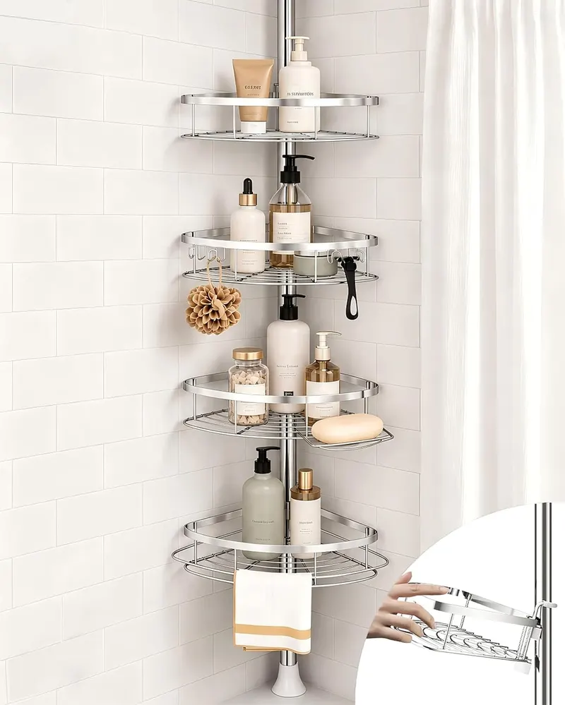 Rustproof Shower Corner Caddy Organizer for Bathroom, 4 Adjustable Shelves with Tension Pole, for Bathtub Shampoo Accessories Storage Holder, 34 to 116 Inch Height, Silver