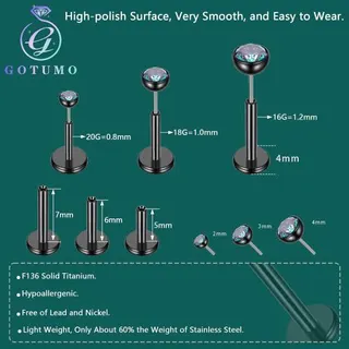 Gotumo 16G 18G 20G Flat Back Earrings Stud Titanium Threadless Nose Rings Tragus Labret Cartilage Lip Medusa Conch Body Piercing Jewelry Hypoallergenic for Women Men