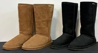 Bearpaw Emma Tall Sheepskin Suede Winter Boots, Size 8, Wool Blend Lining, Black & Tan