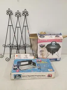 Vortex 14.5" Charcoal Grill, Century 2-Burner Propane Stove, Set of 3 Black Metal Easels