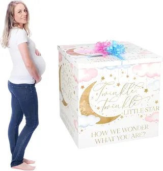 AmazingSpark 28in Giant Gender Reveal Gift Box with Lid Kit Oversized Gender Reveal Balloon Box Large Pull Bows for Baby Shower Birthday Party Decor(Twinkle Little Star)