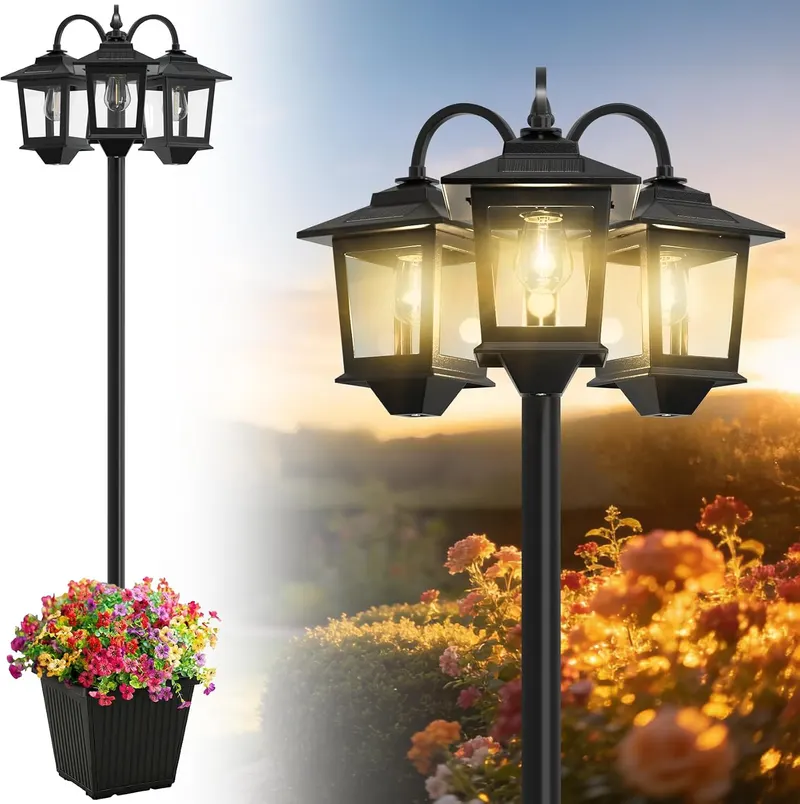 3-Head Solar Lamp Post with Planter, 74" Solar Lamp Post Light | Garden Decor, 2 Extra Bulbs, Warm 3000K Glow, IP44 Water-Resistant, Aluminum Pole & Base, Solar Light Posts for Outside