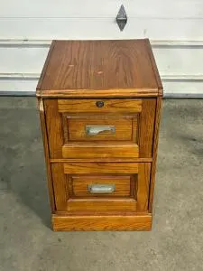 Oak 2-Drawer Vertical File Cabinet with Lock, Approx 28"x16"x22", Metal Handles