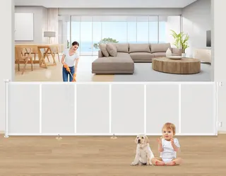 EZIGO 150 Inch Retractable Baby Gates Extra Wide Reinforced Baby Dog Gate | 34 Inch Tall Retractable Dog Gate with Reinforced Strip Mesh Safety Pet Gate for Stairs Hallway Doorway Indoor Outdoor, White