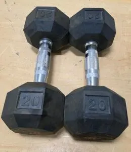 All In Motion 20 lb Hex Dumbbells Pair, Rubber-Coated, Knurled Chrome Handles, Black