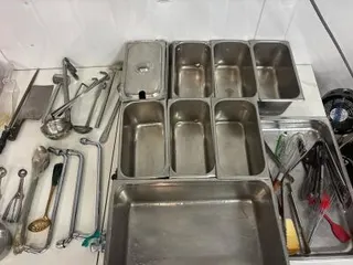 Commercial Kitchen Lot – Stainless Steel Food Pans, Utensils, Whisks, Ladles, Tongs Assortment