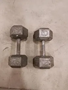 Pair of 45 lb Hex Dumbbells – Cast Iron, Knurled Steel Handles, Bare Metal, Moderate Wear