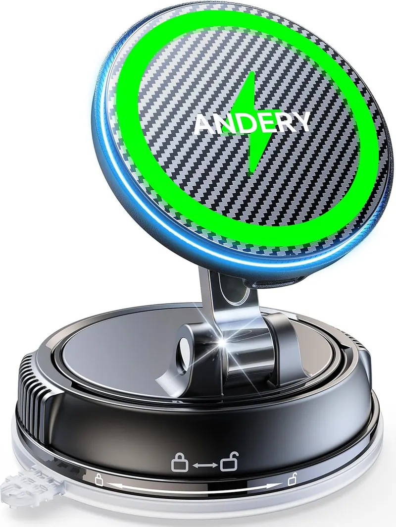 ANDERY Only for iPhone Magsafe Car Mount Charger, 15W Fast Wireless Charge | [78 LBS Strong Suction & 2400gf Magnetic] 360° Adjustable Car Mount Phone Holder, Car Interior Accessory with Dashboard Pad