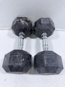 All In Motion 25 lb Rubber Hex Dumbbell Pair, Knurled Steel Handles, Anti-Roll Design