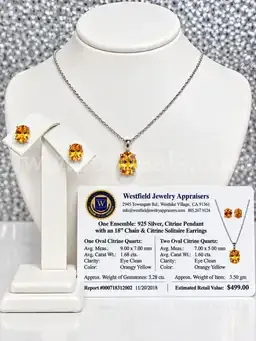 Beautiful 3 Piece Citrine Earrings, Pendant, Necklace Solid Sterling Silver W/Appraisal $499