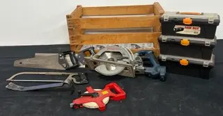 Bosch Cordless Circular Saw, Tool Boxes, Stanley Saws & Mixed Hand Tools, Storage Crate Lot