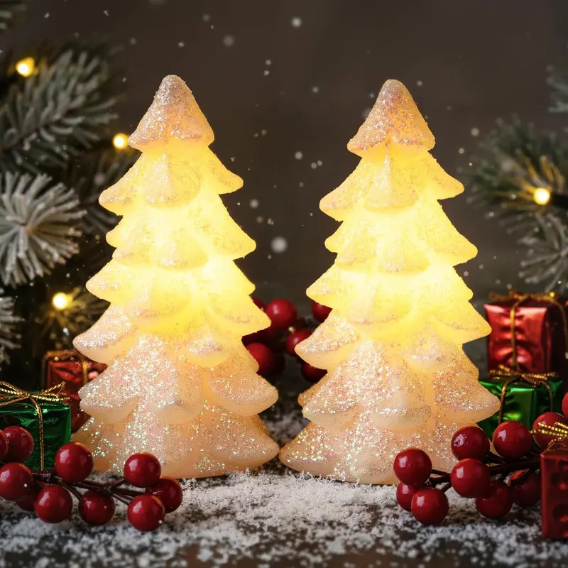 Glooglitter 2 Pcs 5.5" White Christmas Tree Flameless Candles Glittering Real Wax Flickering Battery Operated LED Handmade Carved Candles for Xmas Party Decoration Gifts