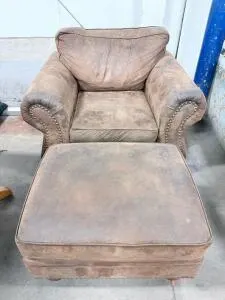 Brown Distressed Leather Armchair with Ottoman, Rolled Arms, Nailhead Trim, Oversized Design