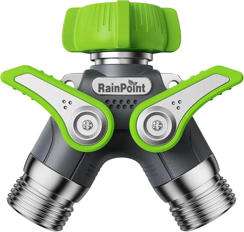 RAINPOINT 2 Way Garden Hose Splitter | Heavy Duty Water Spigot Splitter with Shutoff Valves, 100% Metal Body, 1.9" Extra Long Metal Handle, 3/4" GHT Thread